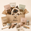 Box mensuelle pour chat Mia's Box contenant des friandises, de la pâtée, des croquettes, des jouets et des accessoires, avec Mia dans son carton.