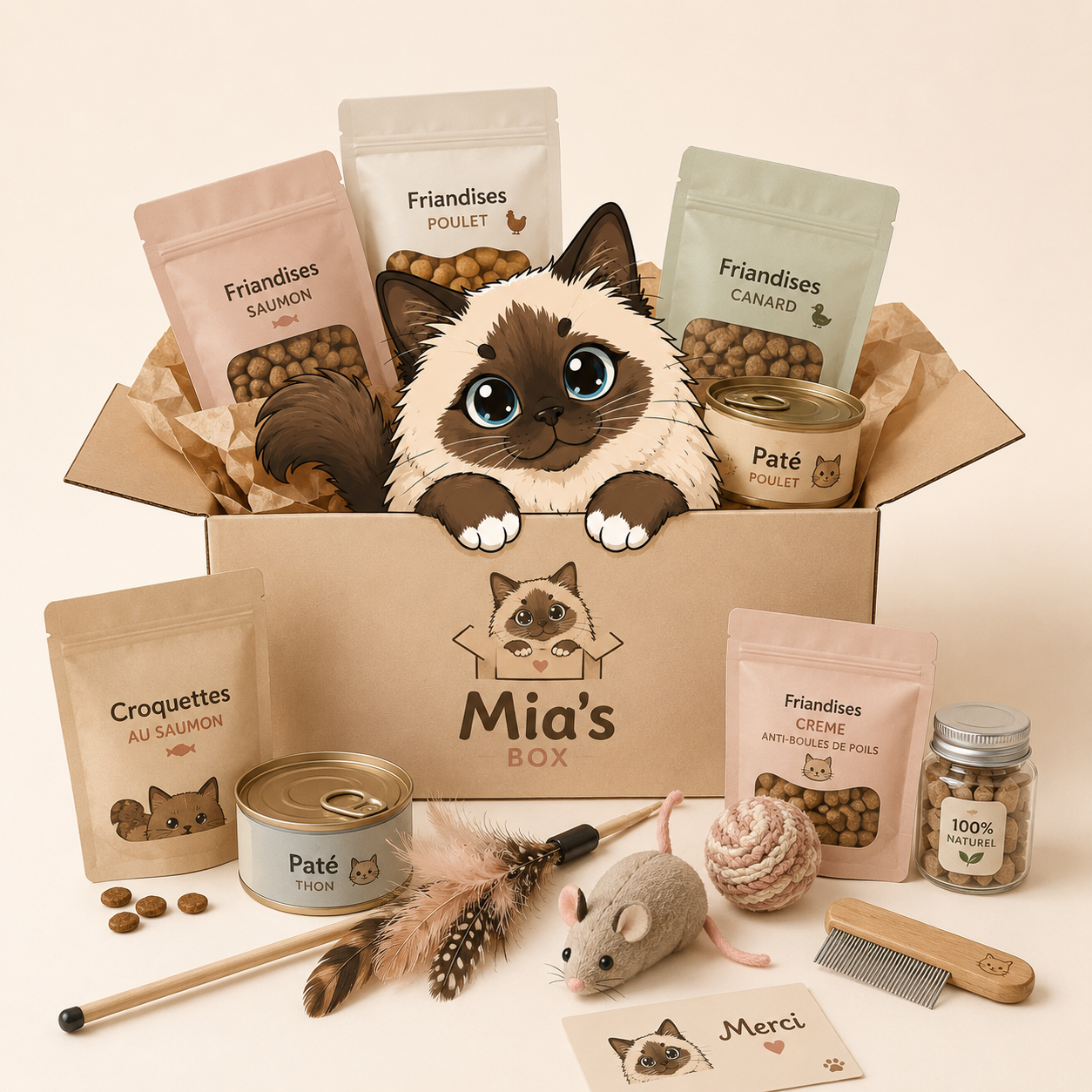 Box mensuelle pour chat Mia's Box contenant des friandises, de la pâtée, des croquettes, des jouets et des accessoires, avec Mia dans son carton.